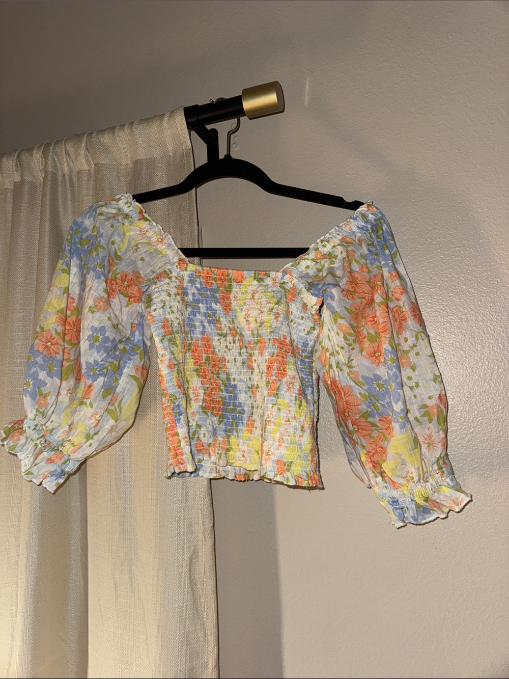 Billabong Floral Smocked Off-Shoulder Crop Top - White/Blue/Orange/Yellow